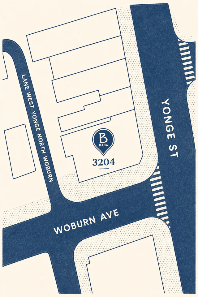 Illustrated map showing Baba at 3204 Yonge St, Toronto, ON M4N 2L2